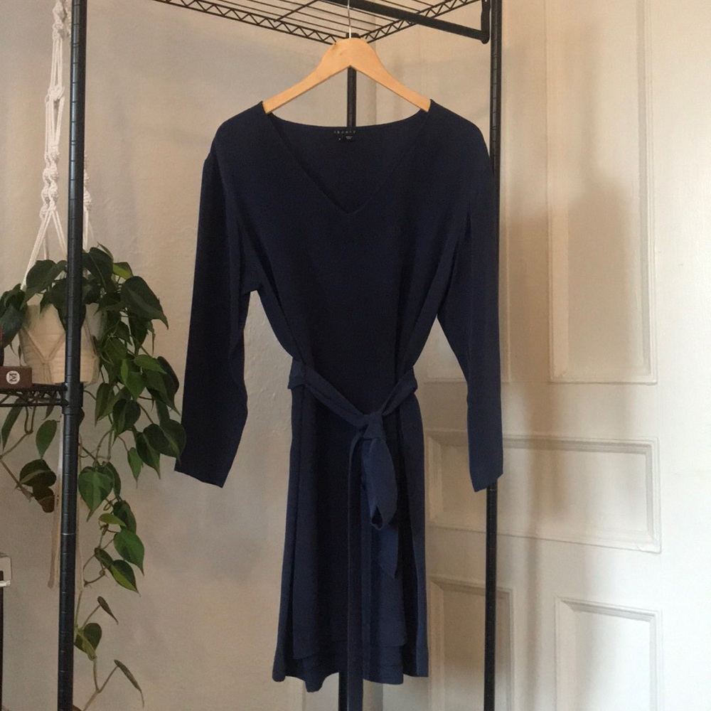 Navy silk dress with tie-belt